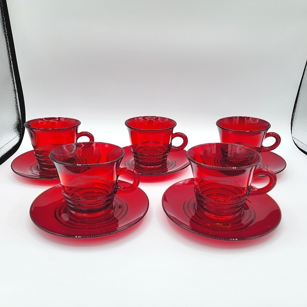 Vintage Red Glass Cups & Saucers #1995